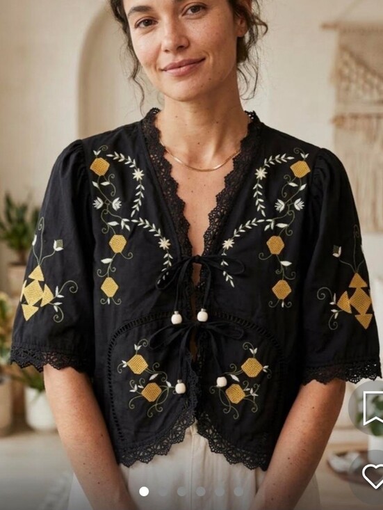 Jennifer & Grace Tops - Anthropologie Jennifer & Grace Embroidered Black Peasant Crop Top Bolero